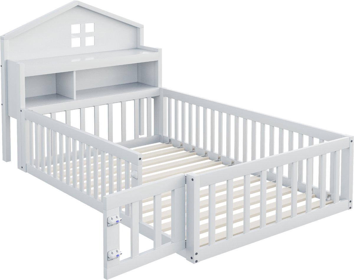 MUVANO Kinderbed 90x200 - Huisbed - Vloerbed - Houten kinderbed - Opbergruimte - Uitvalbeveiliging - Krijtbord - Kinderkamer - Wit