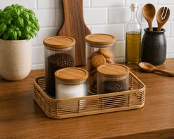 Luxe Voorraadpotten Combi-Set van 4 – Opbergpotten Geribbeld Glas met Bamboe Deksel – Koffie Thee Suiker Set – 700ml & 1000ml