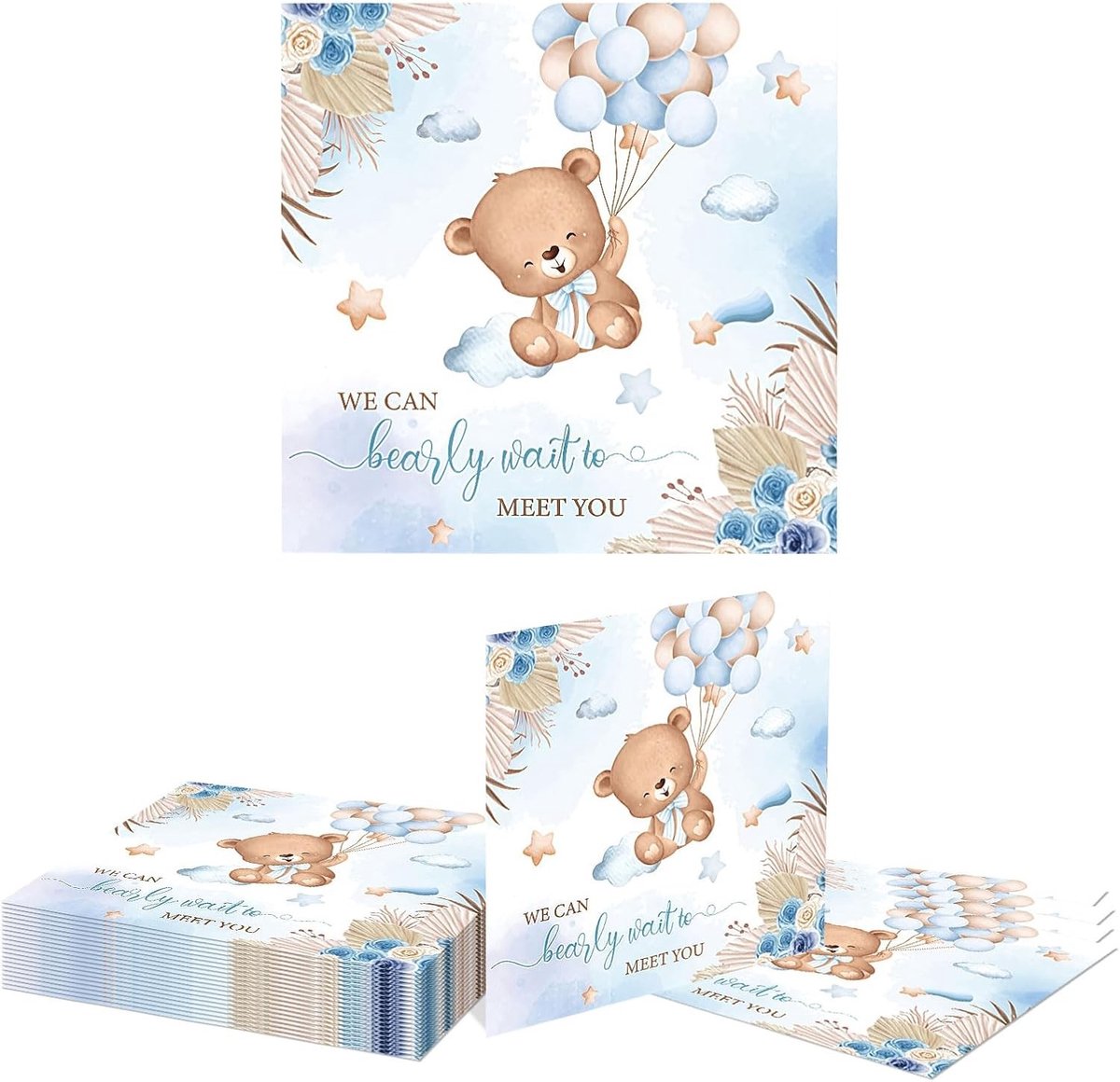 20 Stuks Blauwe Beren Servetten, 13x13 cm, Perfect voor Berenfeesten, Doop en Babyshowers