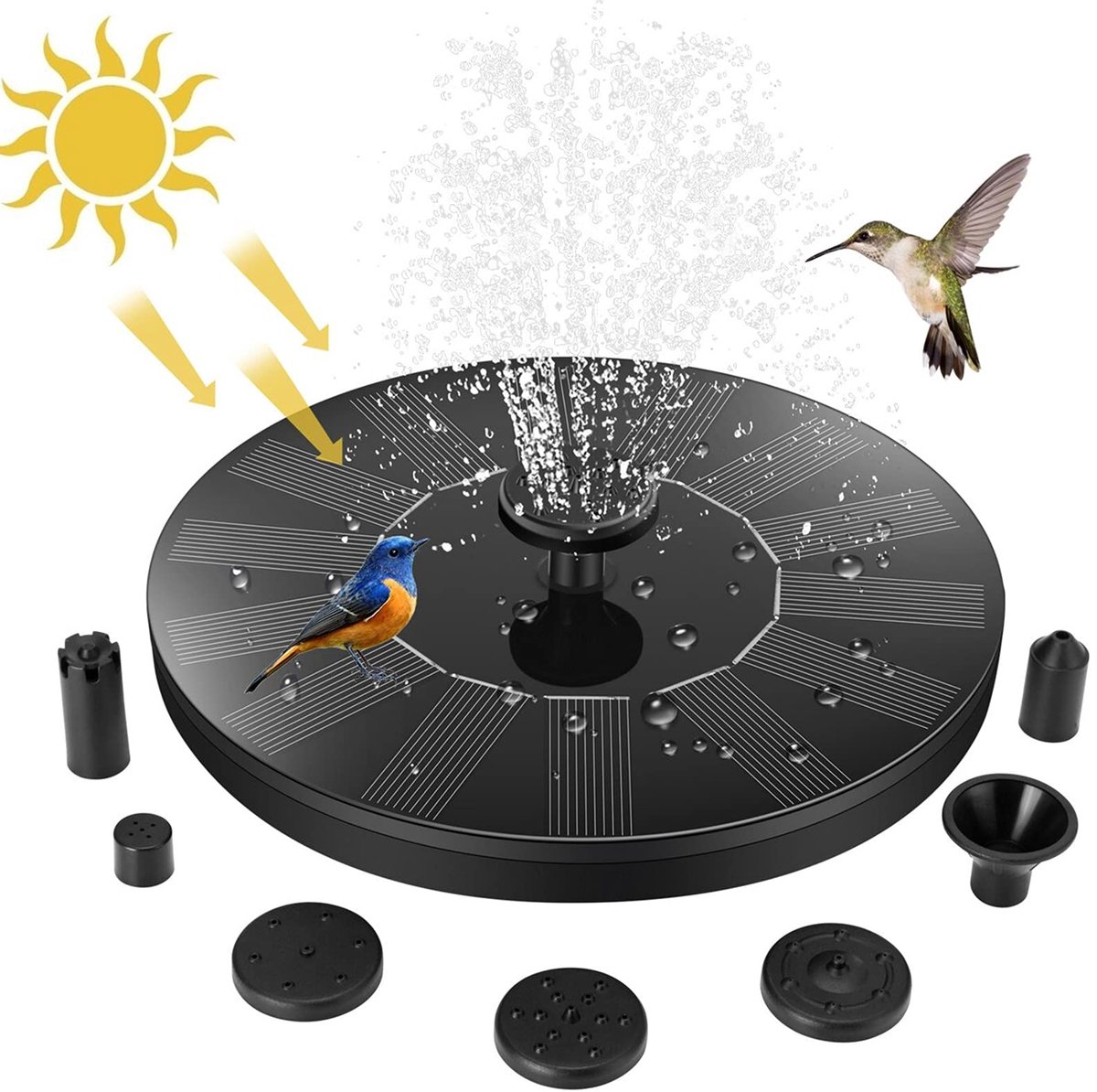 Solar Fonteinpomp 1,4W - Zonnefontein voor Vogelbad, Vijver & Tuin - Vrijstaande Waterpomp met 6 Sproeikoppen - Inclusief 4 Bodemhouders - Waterornament op Zonne-energie voor Buiten, Terras & Zwembad
