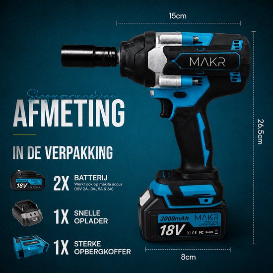 MAKR slagmoersleutel met blauwe en zilveren details, inclusief accu, oplader en koffer.