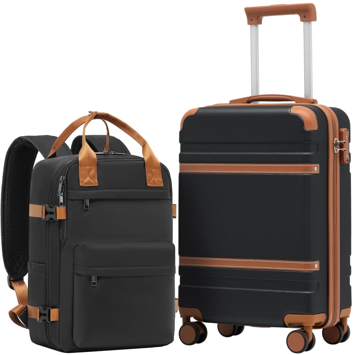 SolidKeus - Set van 2 Cabin Koffers met TSA Slot en 4 Wielen (Zwart/Bruin)