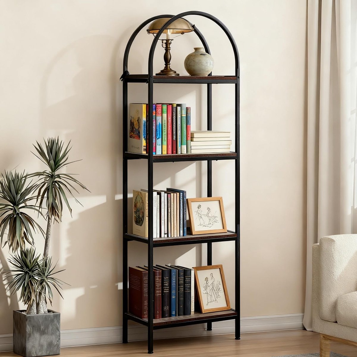 Boekenkast 4 Lagen met Boogvormige Bovenkant - 60x30x183cm - Smal Hoog - Displaykast Vrijstaand - Boekenplank - Metalen Frame - Voor Woonkamer Slaapkamer Kantoor - Bruin