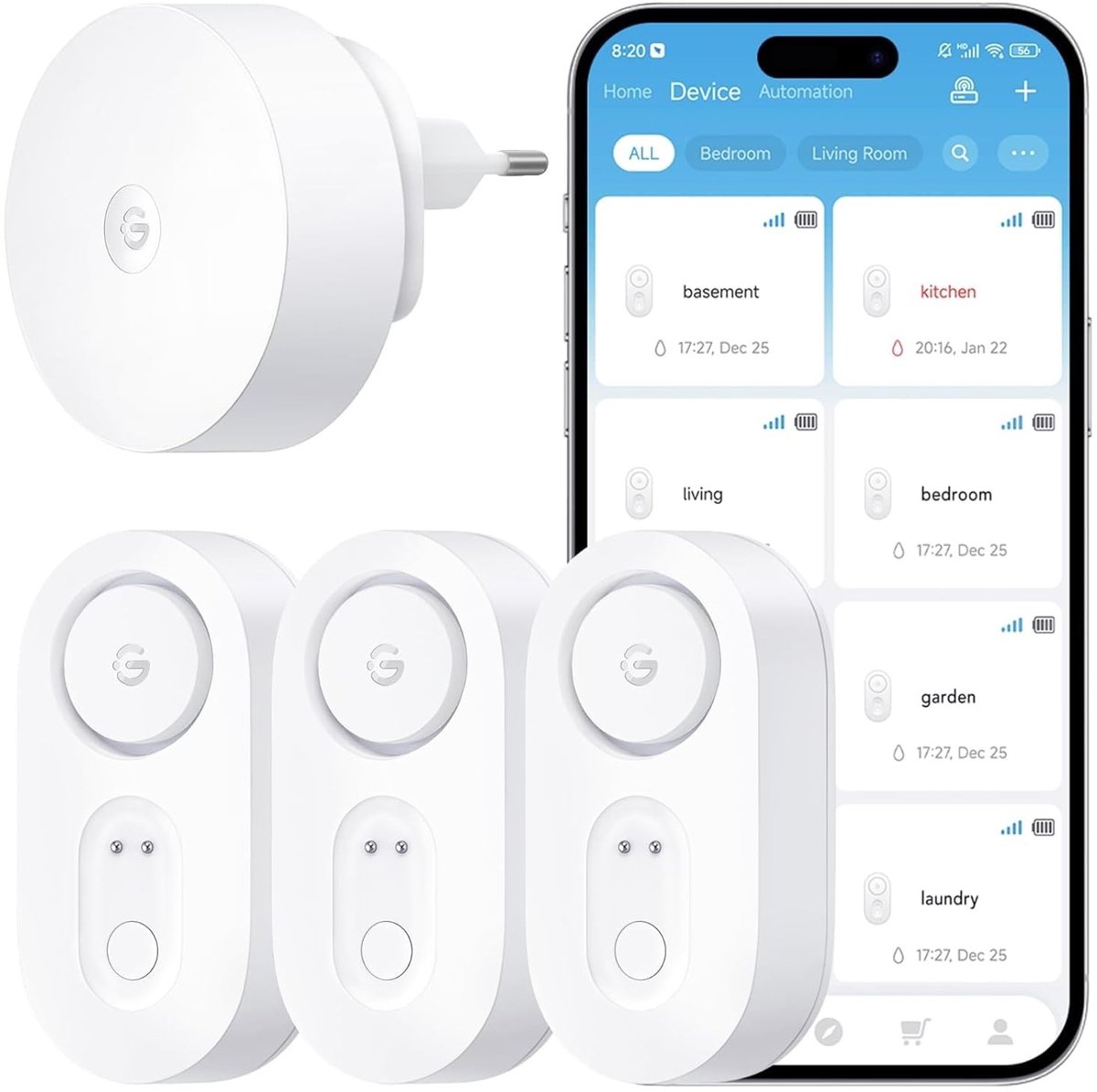 SolidKeus - Slimme Waterdetectie Sensor met Hoog Alarm - Set van 3