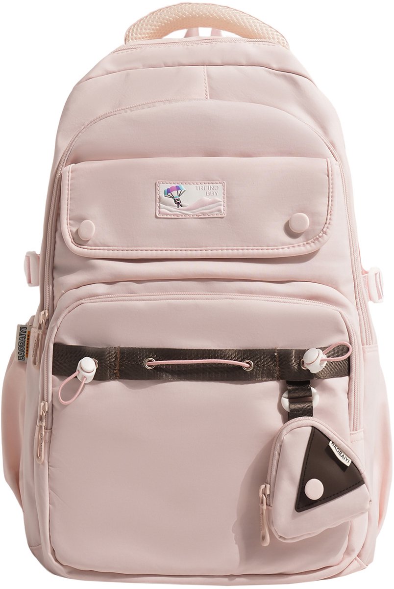 Meisjes Rugzak voor School – Grote Schoolrugzak met Veel Vakken – Nylon Rugzak met Klein Tasje – 42 × 32 × 14 cm – Voor A4, Tablet en Paraplu – Roze