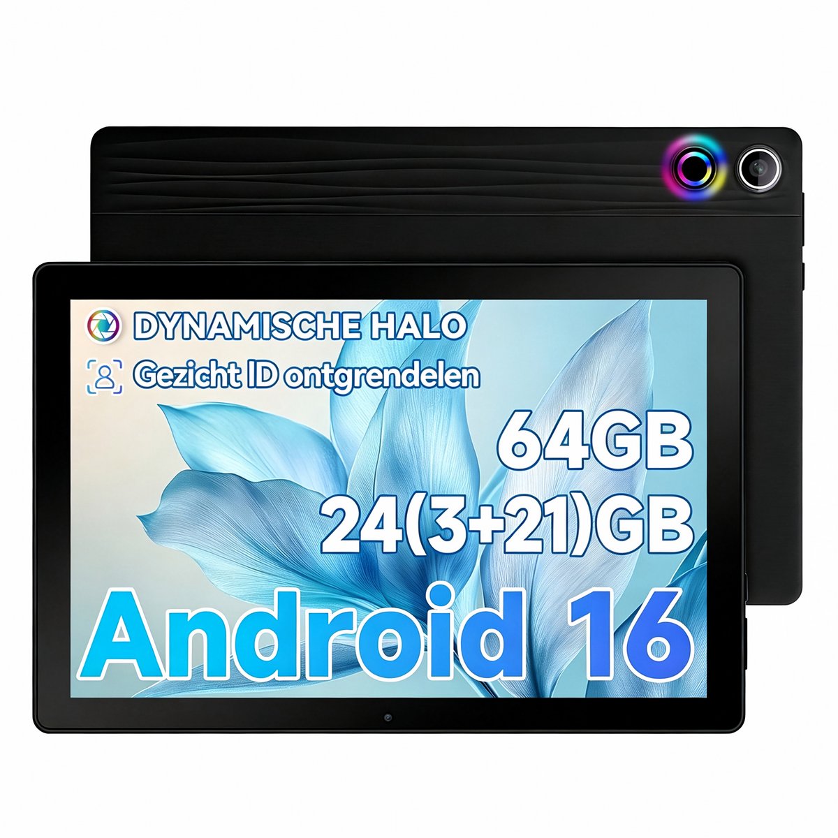 Android 16 Tablet - 10.1 inch Tablets- 24GB RAM + 64GB ROM– 6000mAh - 5G WiFi - Face ID - Zwart