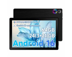 Android 16 Tablet - 10.1 inch Tablets- 24GB RAM + 64GB ROM– 6000mAh - 5G WiFi - Face ID - Zwart