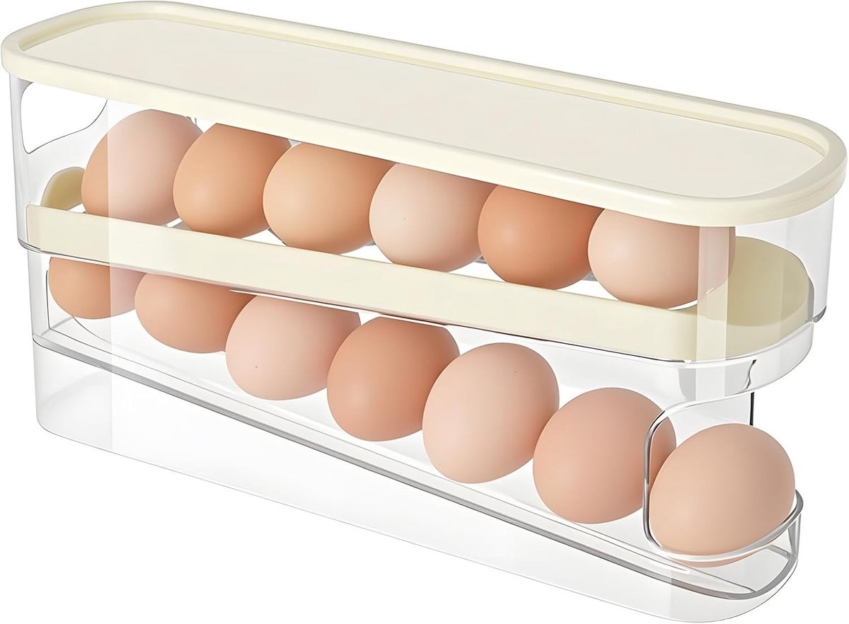 2-Laags Eierenhouder voor Koelkast, Automatische Eierd dispenser, Ruimtebesparende Eierenopslag voor Keuken en Kast, Wit en Functioneel