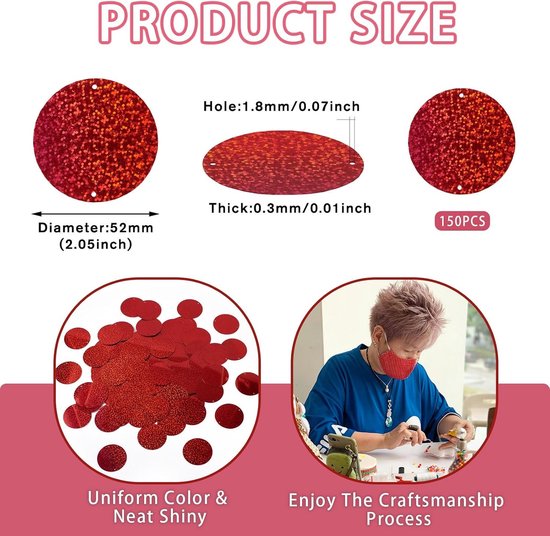 150 Stuks 52mm Grote Loose Sequins - Glitter Pailletten voor Borduren, Haken en Sieraden Maken, Donkerrood — afbeelding 2