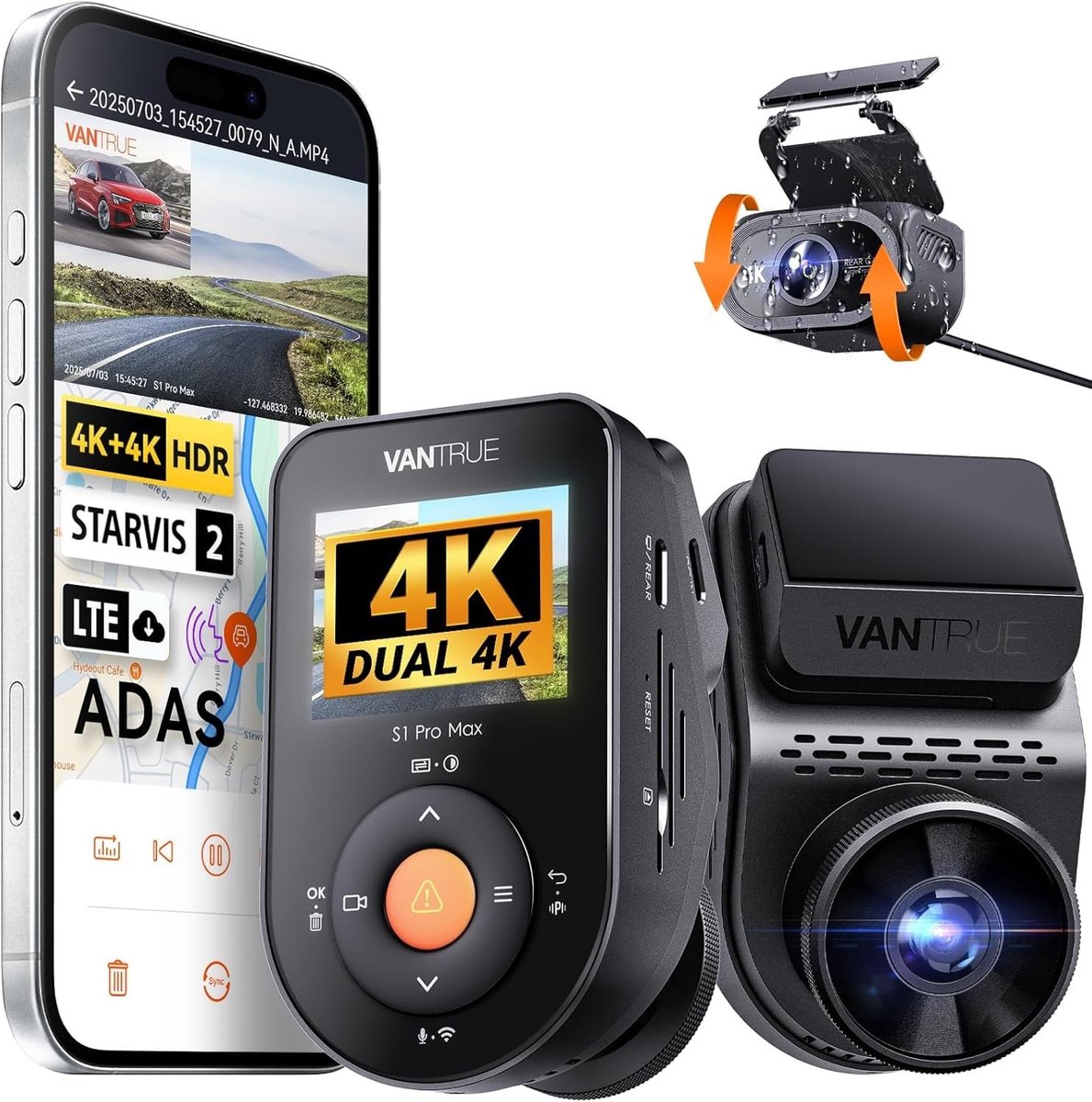 SolidKeus - 4K Dual Dashcam met Nachtzicht en GPS voor Voor- en Achterzijde