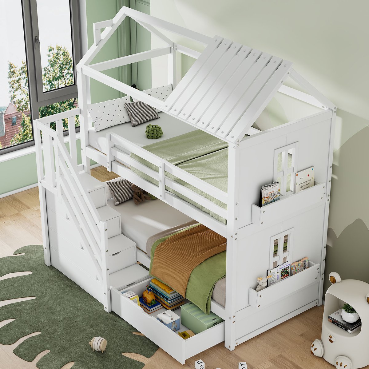 Kinderbed - voor matras 90 x 200 cm - wit - met opbergruimte en lattenbodem - maximaal belastbaar 150 kg - matras niet inbegrepen - voor de slaapkamer
