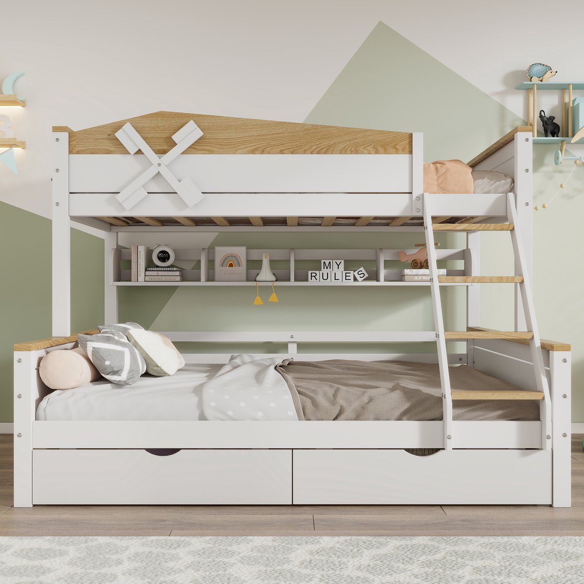 Kinderbed - voor matras 90 x 200 cm - wit en naturel - met opbergruimte en lattenbodem - matras niet inbegrepen - voor de slaapkamer