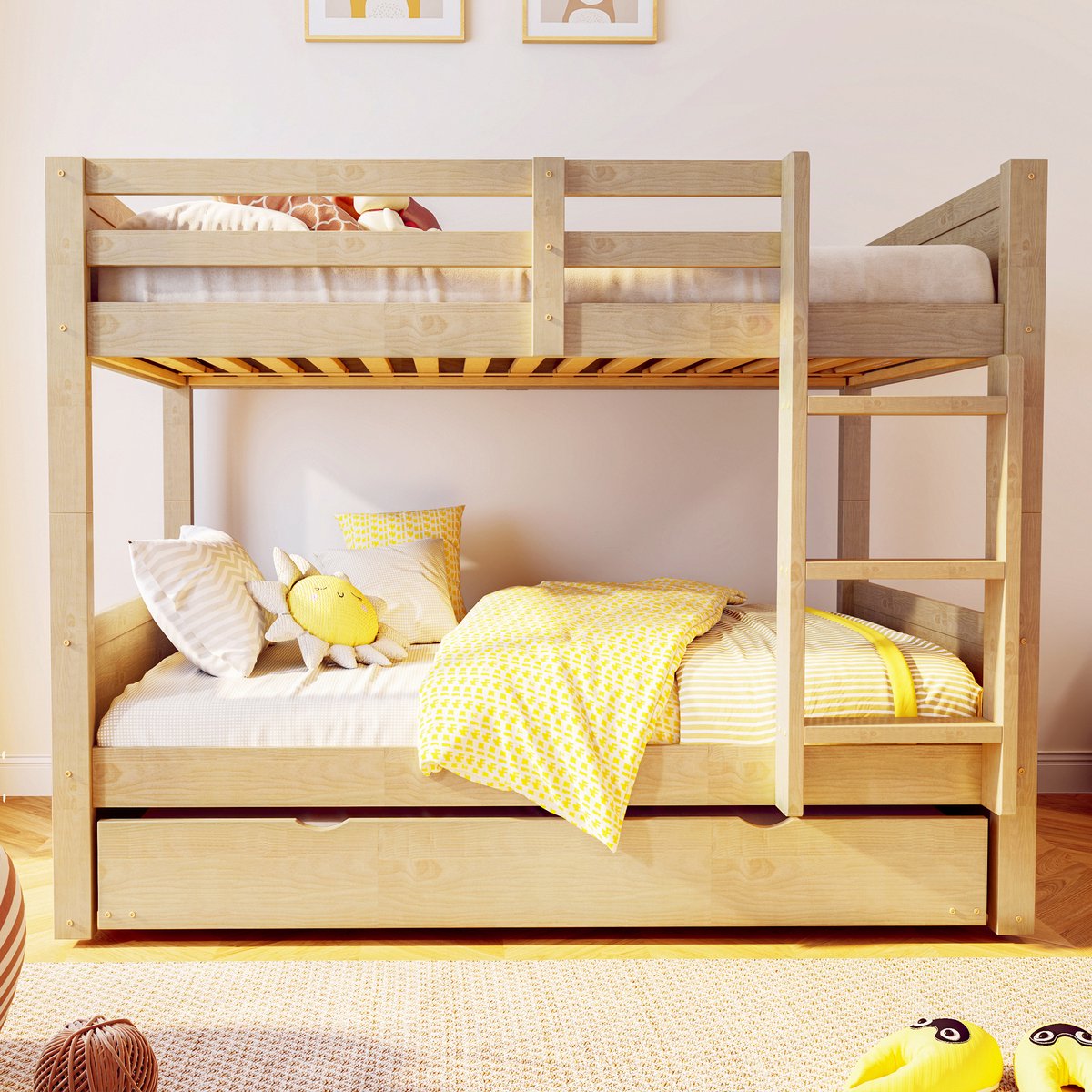 VVBV Stapelbed 90x200 cm - Uitvalbeveiliging, Met Trap, Met Lattenbodem - Houtkleur, Hout