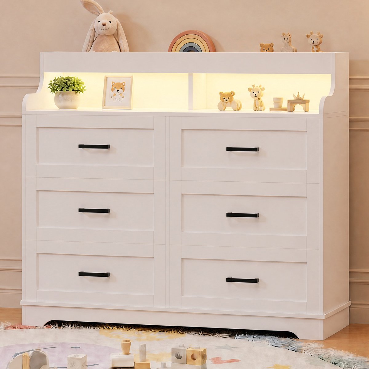 Ladekast 110 cm Wit met 6 Ruime Laden, RGB-verlichting en Stopcontact – Moderne Opbergkast