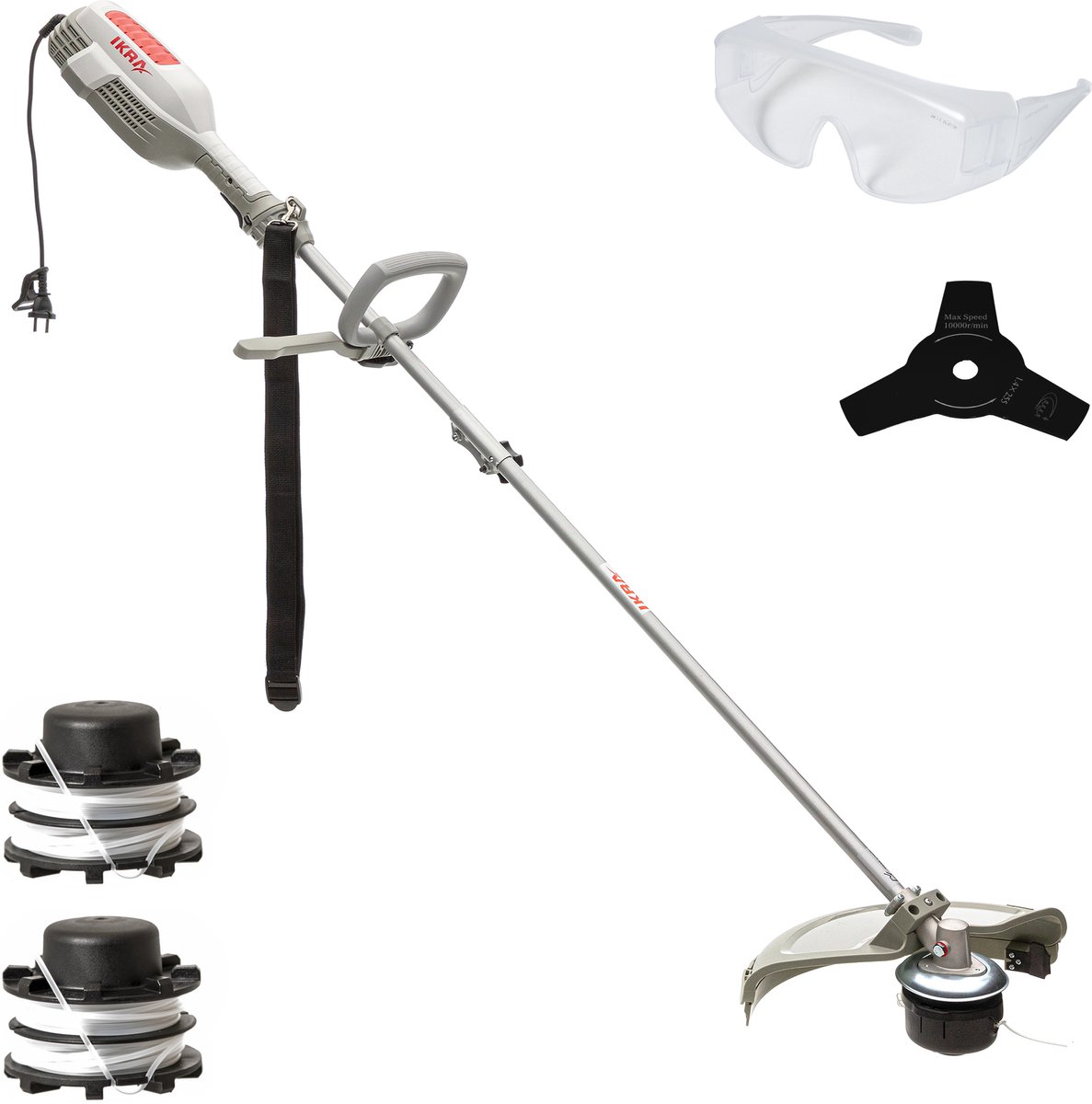 IKRA elektrische bosmaaier en grastrimmer IES 1000 C, 1.000 W, incl. 2 draadspoelen, 3-tands mes, schouderriem & veiligheidsbril