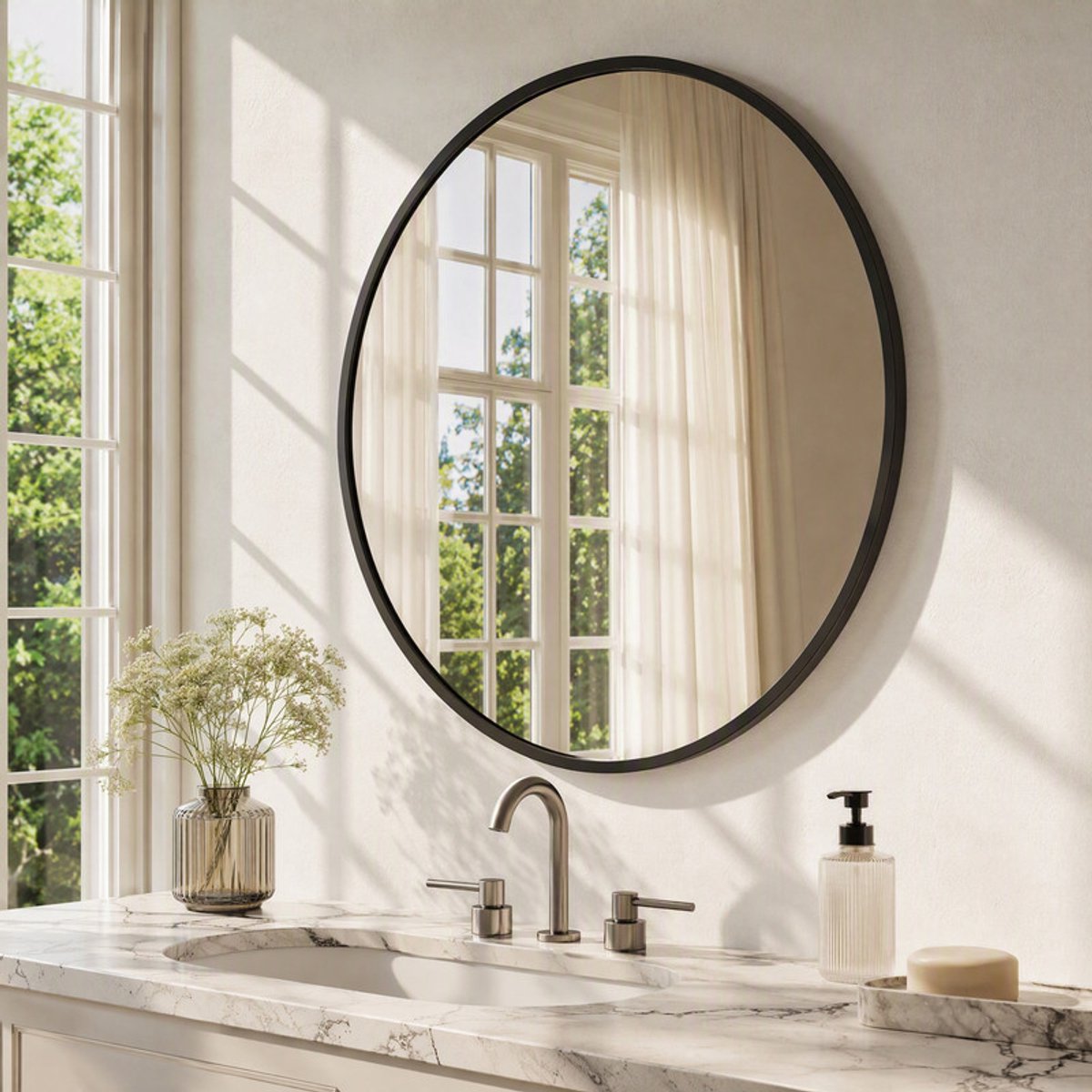 Ronde Wandspiegel 75 cm Zwart met Aluminium Frame, HD Spiegelglas – Moderne Decoratie- en Make-upspiegel