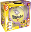 Dobble speldoos met ronde kaarten, paars, geel en paarse details. Bevat teksten als 'Dobble', 'Asmodee', 'Denis Blanchot', '6+' en '2-8'.