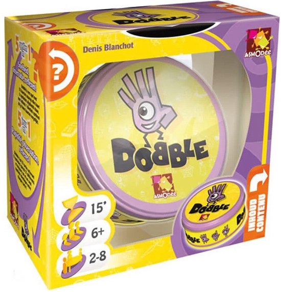 Dobble speldoos met ronde kaarten, paars, geel en paarse details. Bevat teksten als 'Dobble', 'Asmodee', 'Denis Blanchot', '6+' en '2-8'.