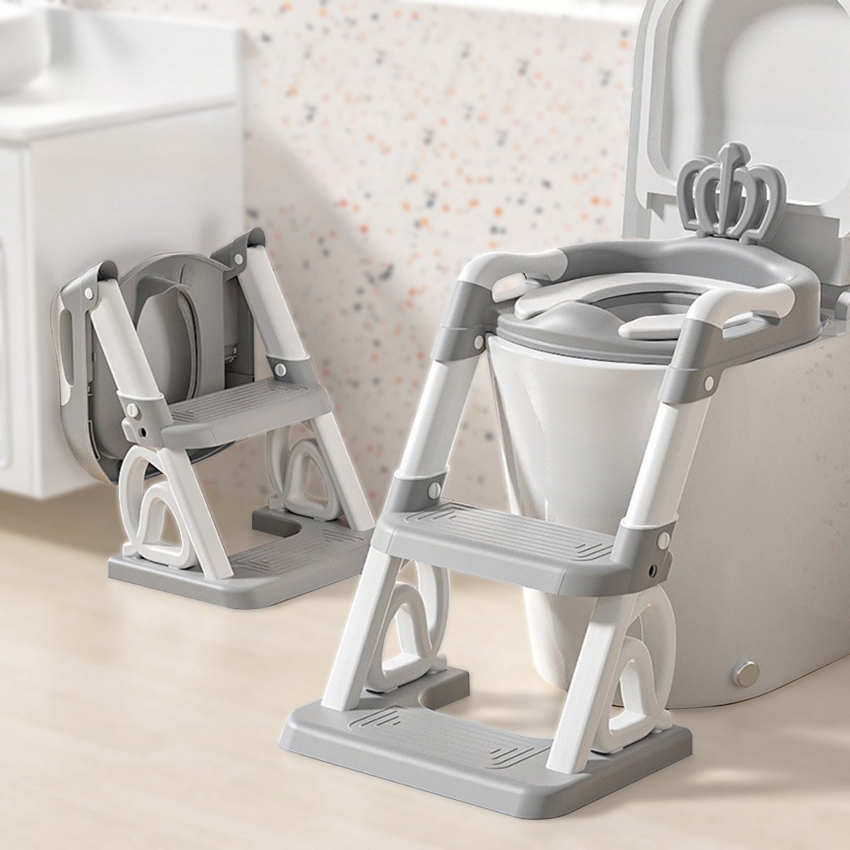 WC Verkleiner- Toiletverhoger met trapjes en comfortabel kussen-Toiletzitting voor jongen/meisje-Grijs