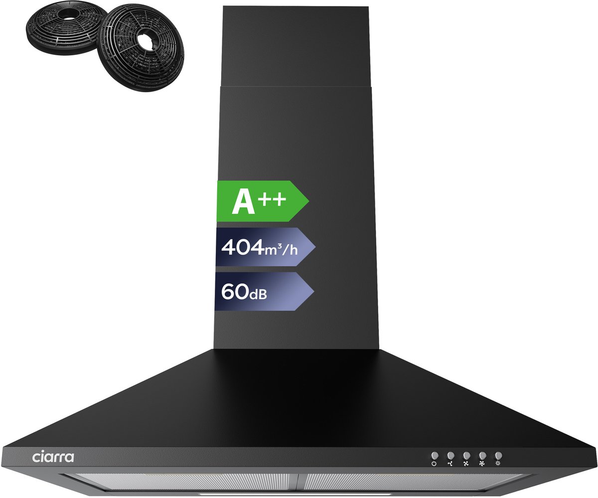 CIARRA VMB6201 - Afzuigkap 60 cm Wandkap A++ 404 m³/u Recirculatie met Koolstoffilter & Luchtafvoer - 3 Standen met LED - Zwart