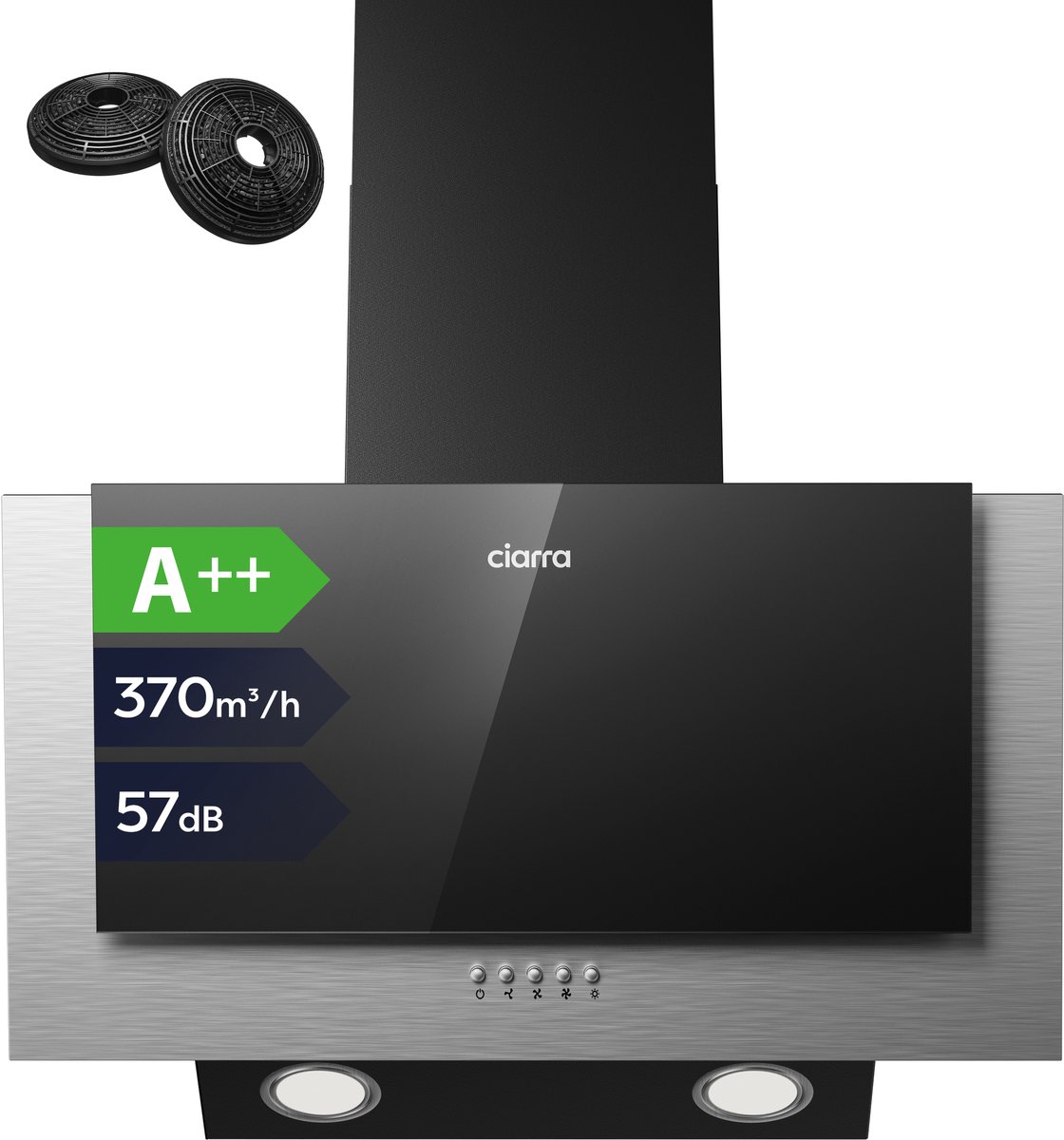 CIARRA VM6736CB - Schuine Afzuigkap 60 cm A++ 370 m³/u, met LED Recirculatie & Luchtafvoer Inclusief Koolstoffilters