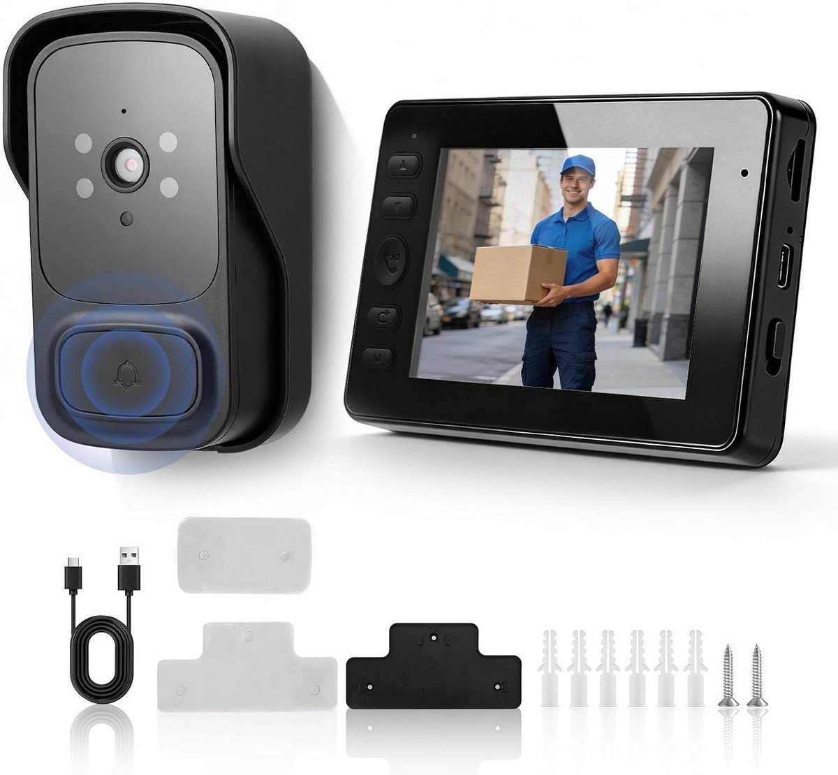 Videodeurbel met camera - Draadloze deurbel - Huisbeveiliging - IP65 waterdicht - 43 inch scherm - Zwart