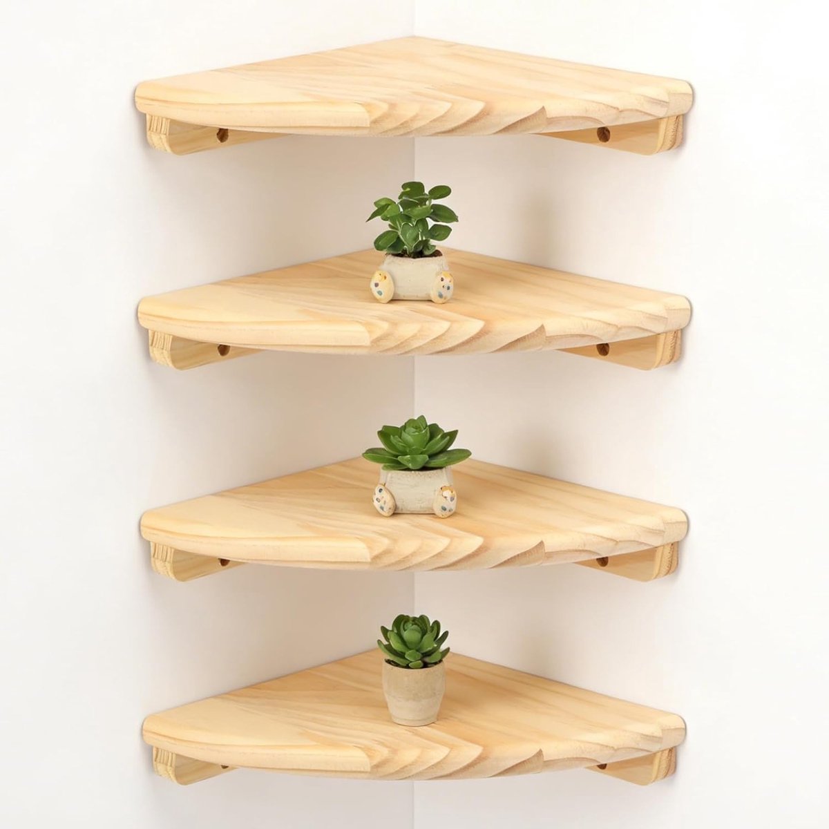 Hoekplank van Massief Hout, Makkelijk te Monteren, Wandplank voor Slaapkamer, Badkamer en Woonkamer - Set van 4 Stukken