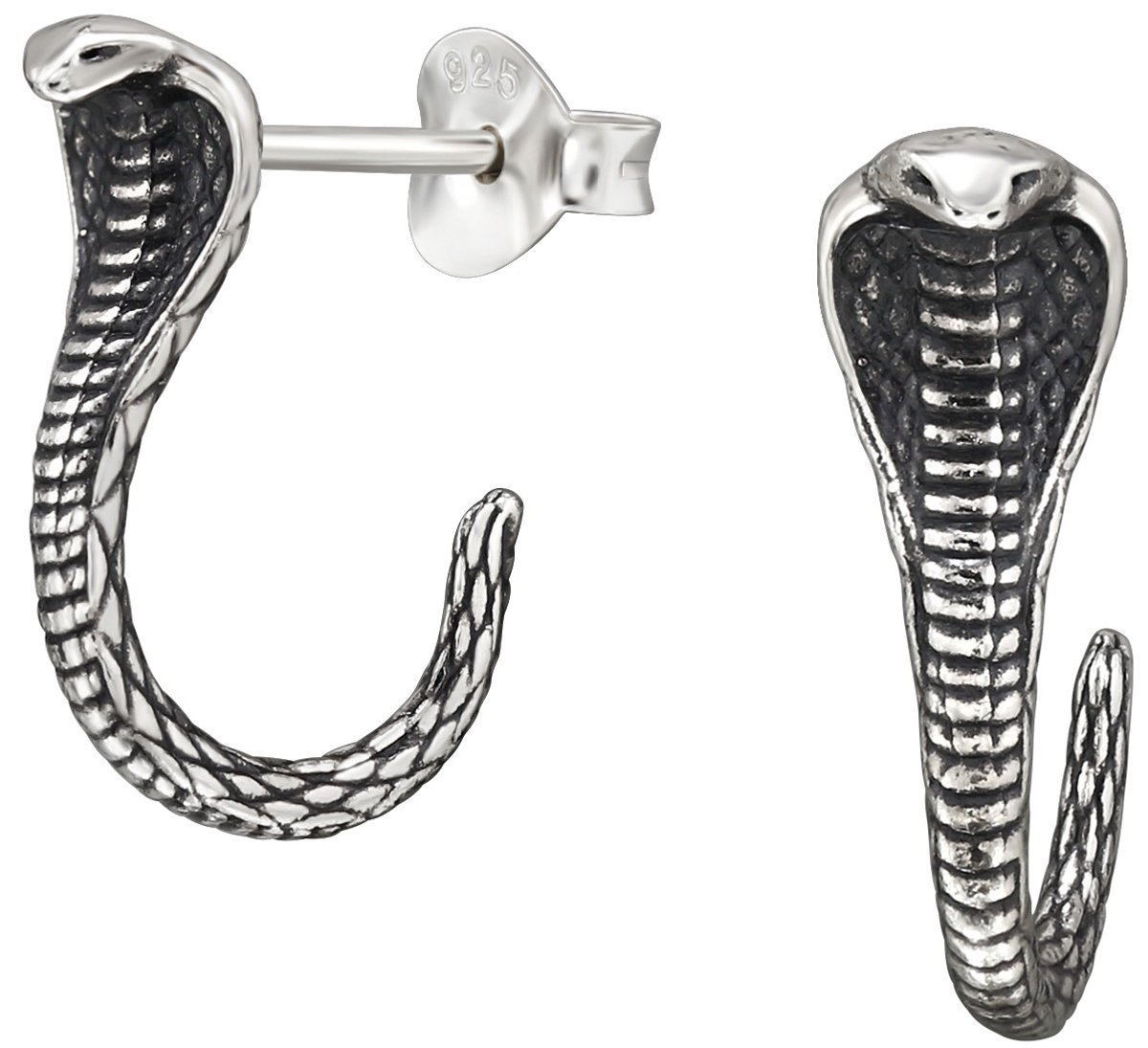 Joy|S - Zilveren slang oorbellen - Cobra - 5 x 15 mm massief - geoxideerd - sterling zilver 925 - oorringen stud