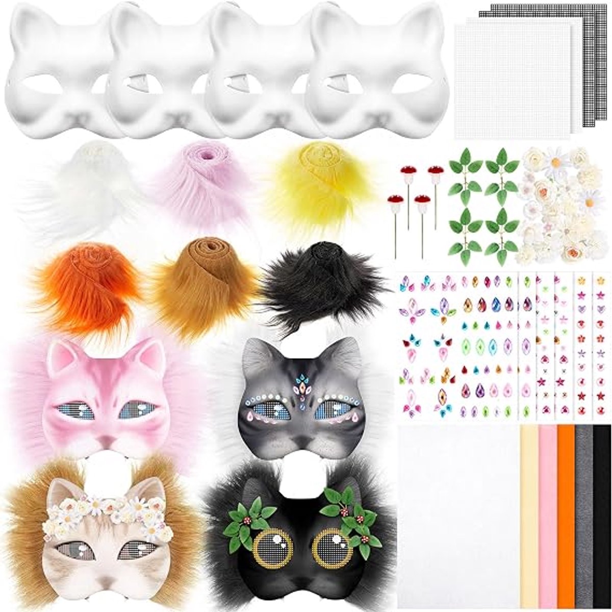 Maskers - Kattenmaskerset - 4 stuks -Onbewerkte Basis Maskers - DIY - Zelf Ontwerpen en Schilderen - Geschikt voor Knutselen en Kostuums - Lichtgewicht en Comfortabel - Creatief Accessoire voor Feestjes en Rollenspel - Eenvoudig aan te Passen