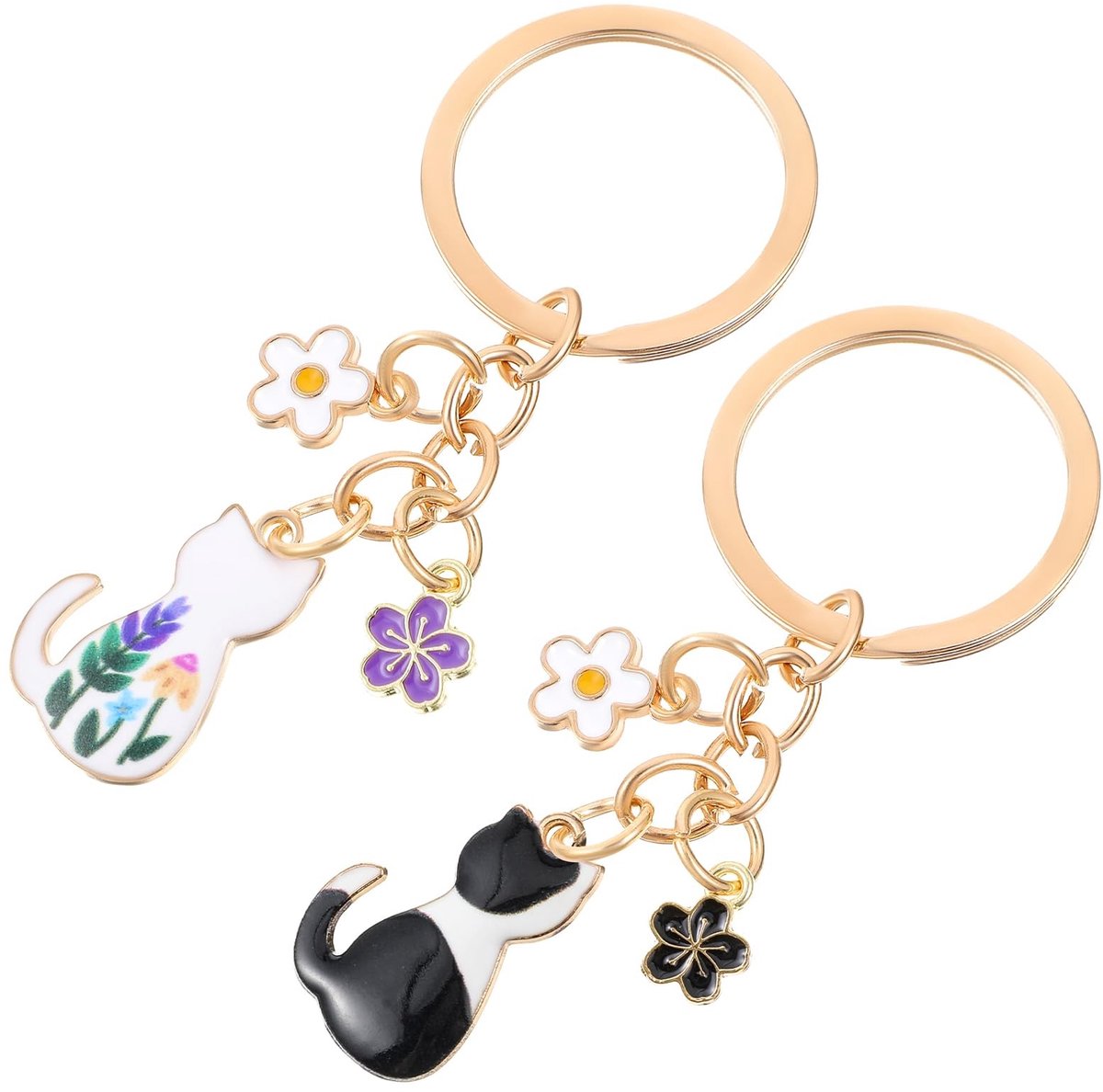 SolidKeus - Set van 2 Kawaii Kat Sleutelhangers met Bloemontwerp