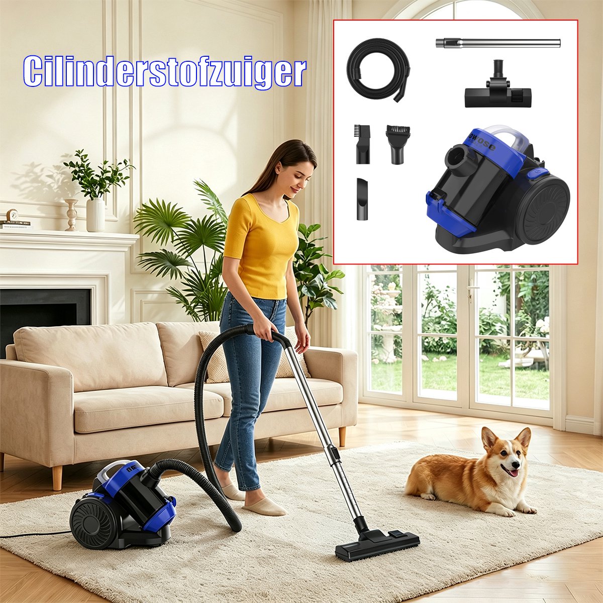 Cyclonische Stofzuiger 1200W met HEPA-filter en Accessoires – Stille Cilindrische Stofzuiger Zonder Stofzak Voor Tapijten, Harde Vloeren en Haren
