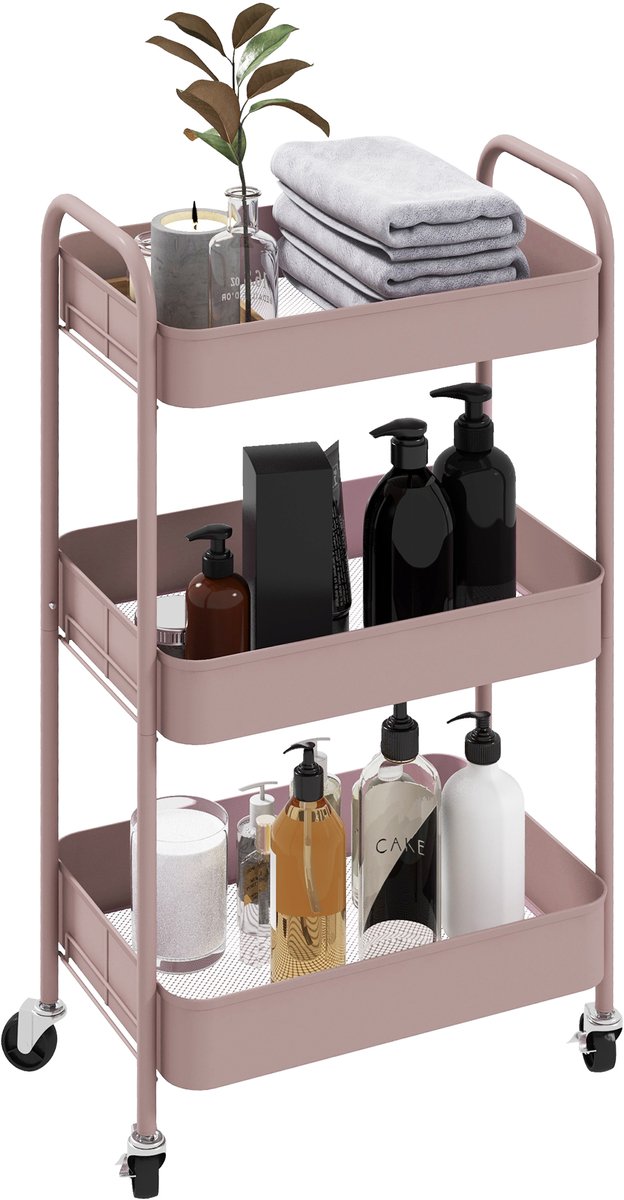 Opbergkar – Multifunctionele metalen opbergkar met drie verdiepingen – Opbergkar op wieltjes – Roze