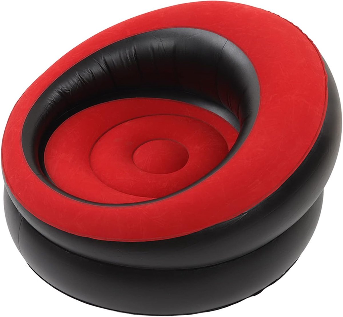 Rood-zwart ronde opblaasbare fauteuil met fluweeloppervlak, opblaasbare luie zetel van PVC, compacte opblaasbank voor woonkamer, slaapkamer en tuin
