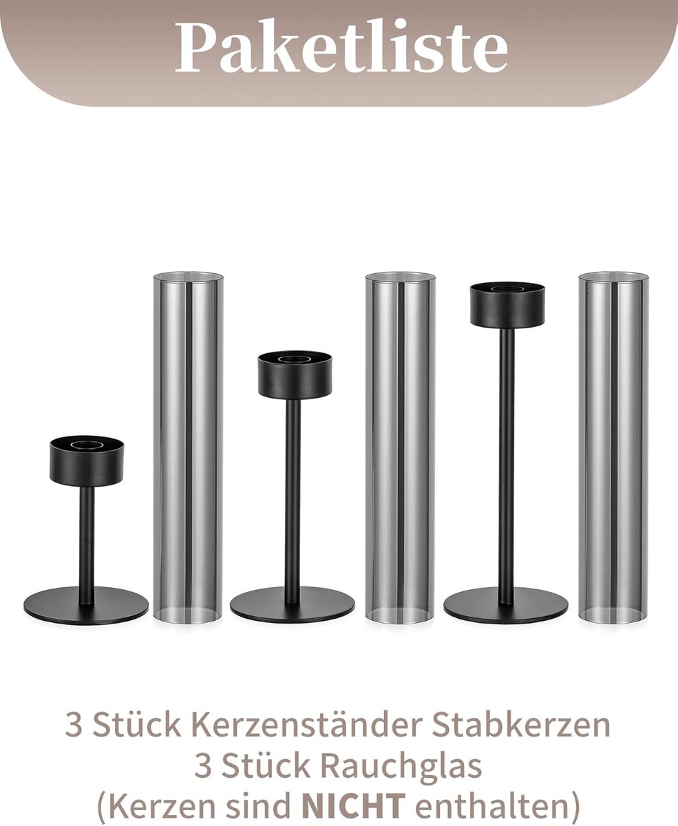Kandelaar voor Staaskaarsen Zwart met Rookglas: Set van 3 Metalen Kandelaars met Windlicht - Moderne Tafeldecoratie voor Binnen - Buiten - Woonkamer - Kerst – foto 3