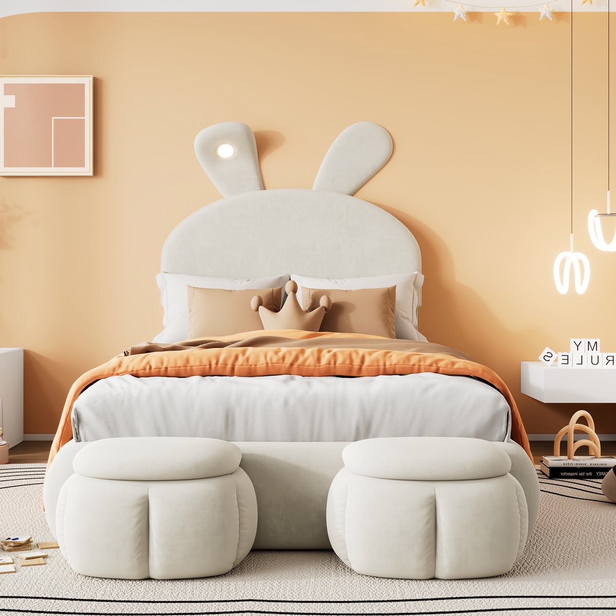 Kinderbed - voor matras 90 x 200 cm - beige - met LED-verlichting en opbergruimte en lattenbodem - matras niet inbegrepen - voor de slaapkamer