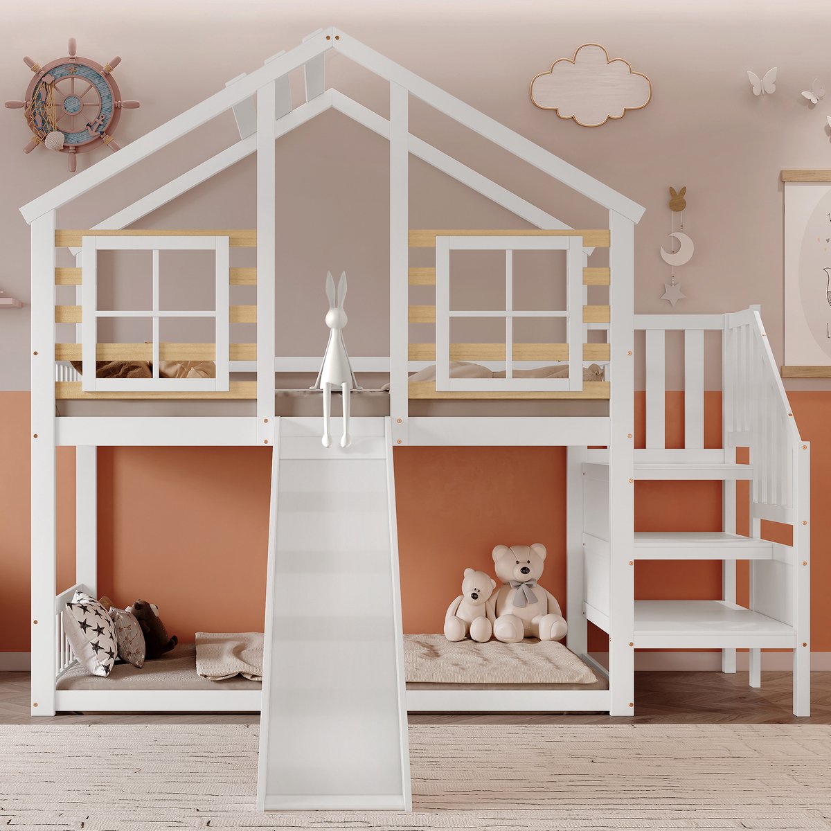Kinderbed - voor matras 90 x 200 cm - wit en naturel - met USB-aansluiting en opbergruimte en lattenbodem - voor de slaapkamer