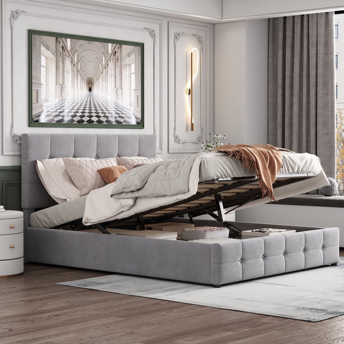 Gestoffeerd bedframe - voor matras 140 x 200 cm - grijs - met opbergruimte en lattenbodem - matras niet inbegrepen - voor de slaapkamer