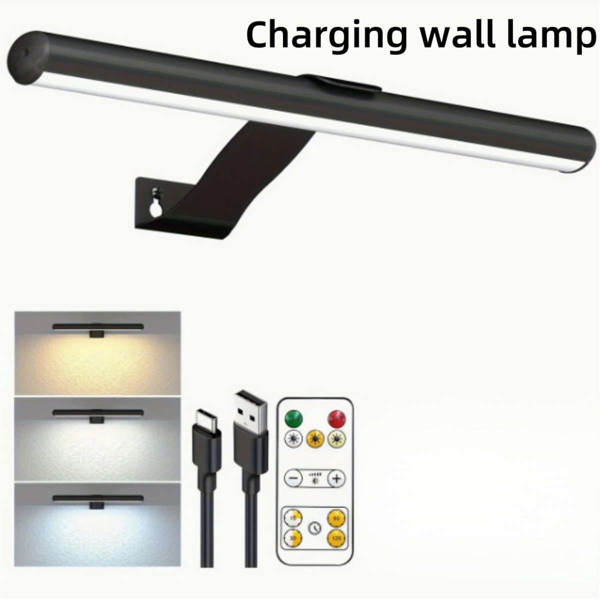 Draadloze oplaadbare wandlamp - driekleurige, traploos dimbare verlichting - make-up invullicht - aanraakschakelaar met afstandsbediening, geschikt voor schilderen - zwart