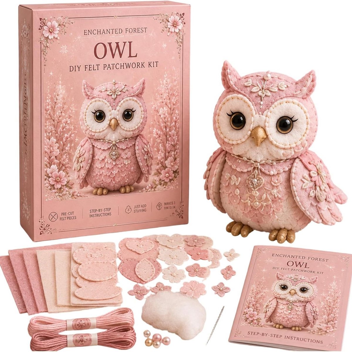 DIY Vilten Patchwork Set - 3D Vilten Naaiset - Magisch Bos Dieren Vilten Naaiset - DIY Stoffen Dier - Handgemaakte Naaikit - Cadeau voor Knutsel- en Handwerkliefhebbers - Roze uil