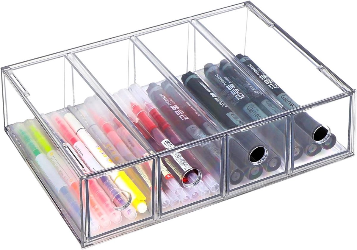 Transparante Lade Organizer met 4 Lades - Stapelbare Opbergdoos voor Kantoorbenodigdheden, Schrijfgerei en Zonnebrillen