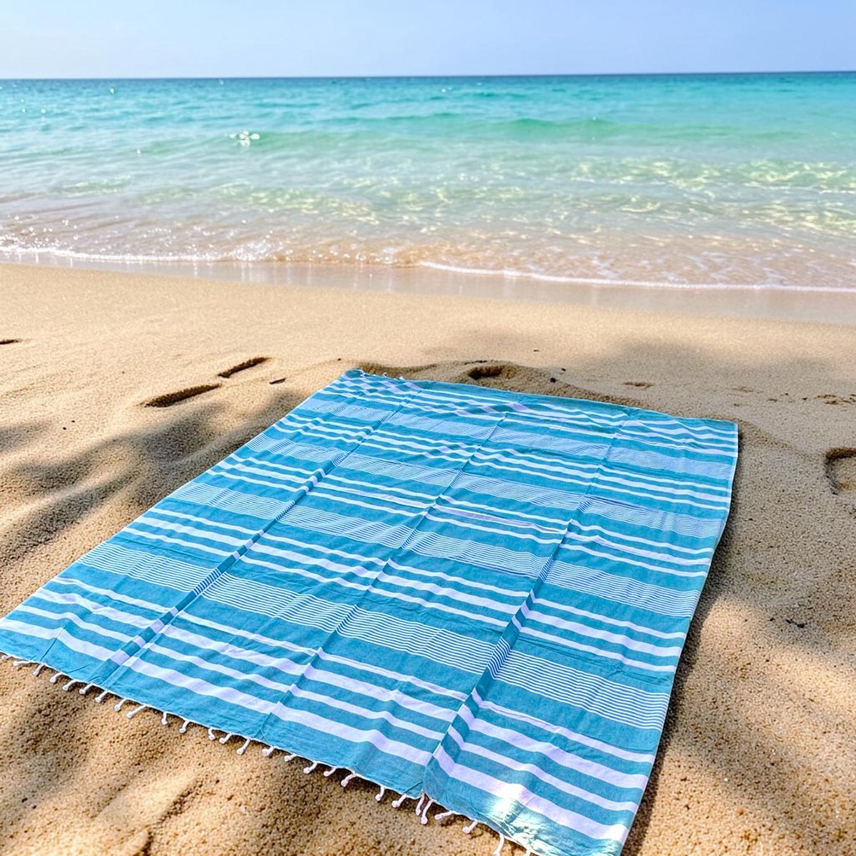 Lindian style - Tweepersoons strandlaken - XL Gestreept strandkleed - Turquoise wit strandlaken
