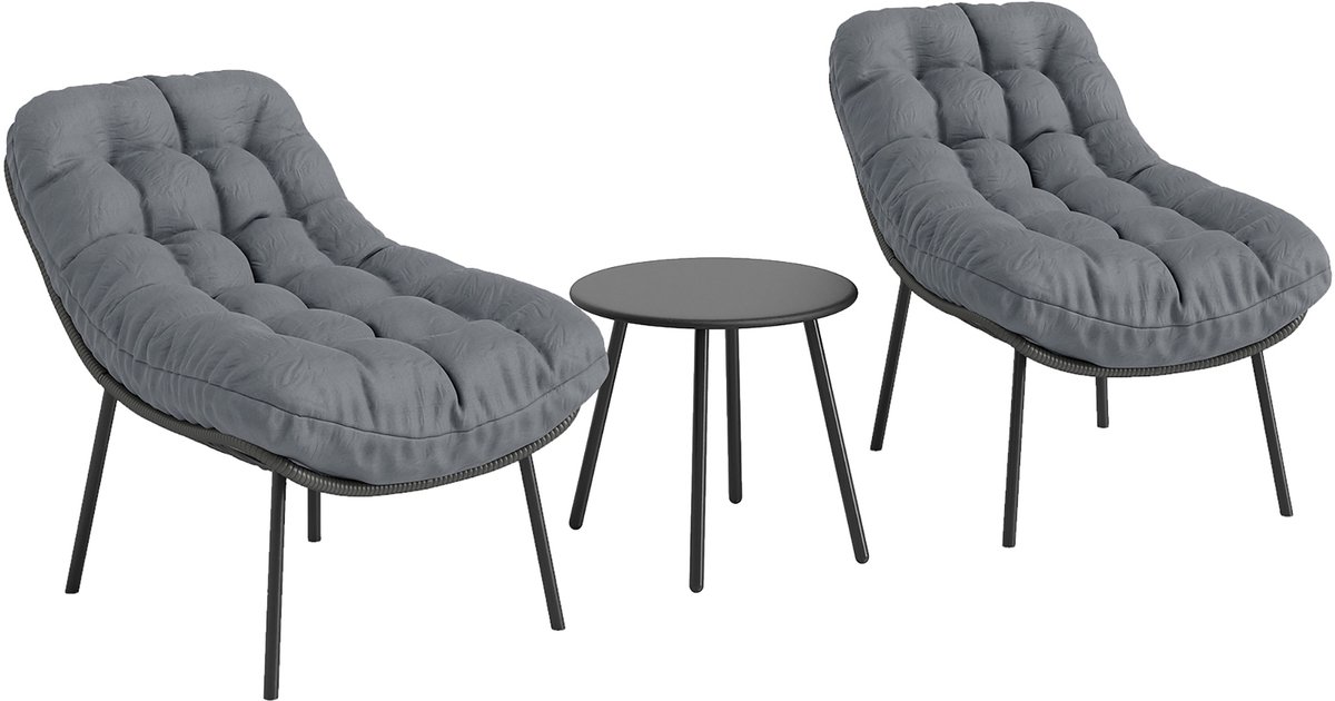 Tuinset Grijs 3-delig - 2 gebogen ligstoelen met dikke kussens - salontafel met stalen frame