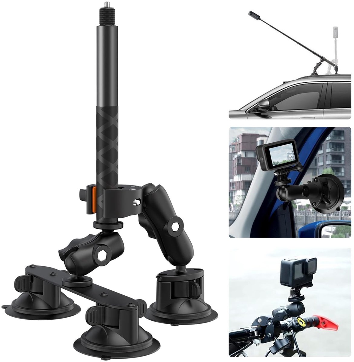 SolidKeus - 3 Zuignap Bevestigingen voor Actiecamera's met Selfie Stick