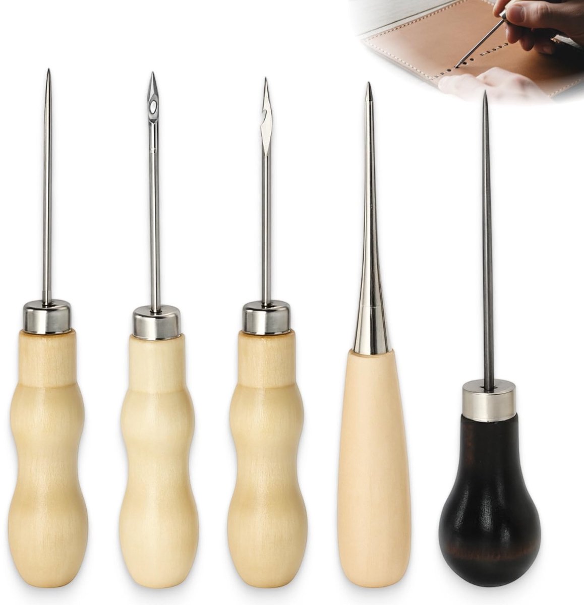 SolidKeus - 5-delige Leerbewerking Set met Houten Handvat