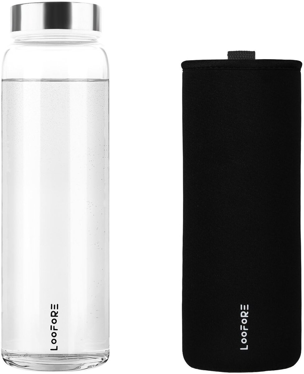 SolidKeus - Glazen Drinkfles van 1L met Neopreen Tas