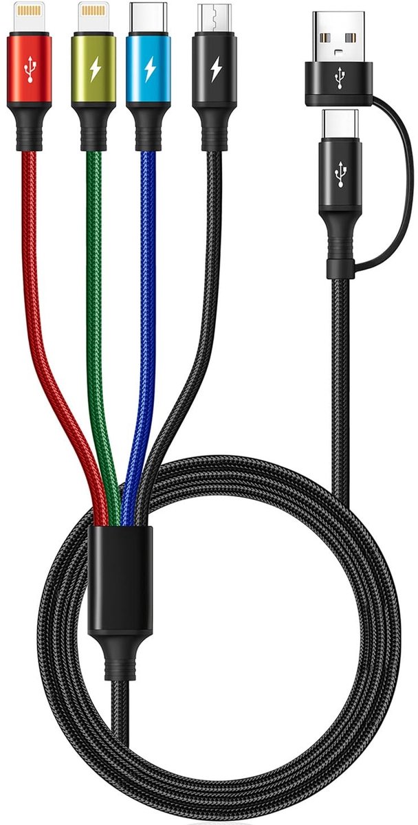 Omgoods - 4-in-2 Multi Charger Kabel, 3m, Nylon Gevlochten