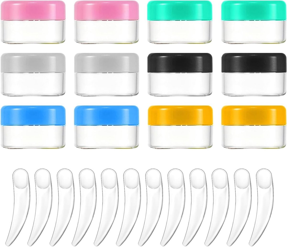 Set van 12 Transparante Lege Potjes met Deksel, 5 g, Mini Verpakkingen voor Cosmetica, Olie, Crème en Monsters, Inclusief Spatel en Labels