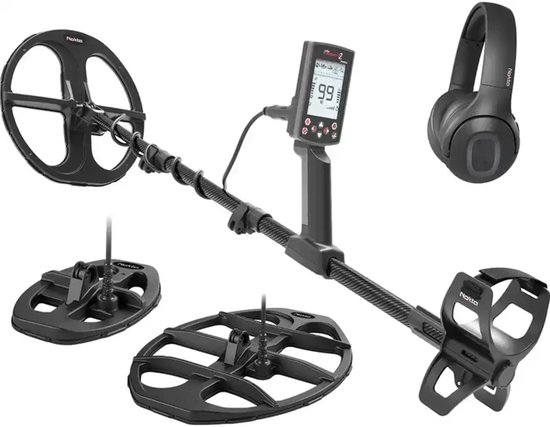 Metaaldetector "The Legend 2" met drie zoekspoelen, koptelefoon en bedieningspaneel.