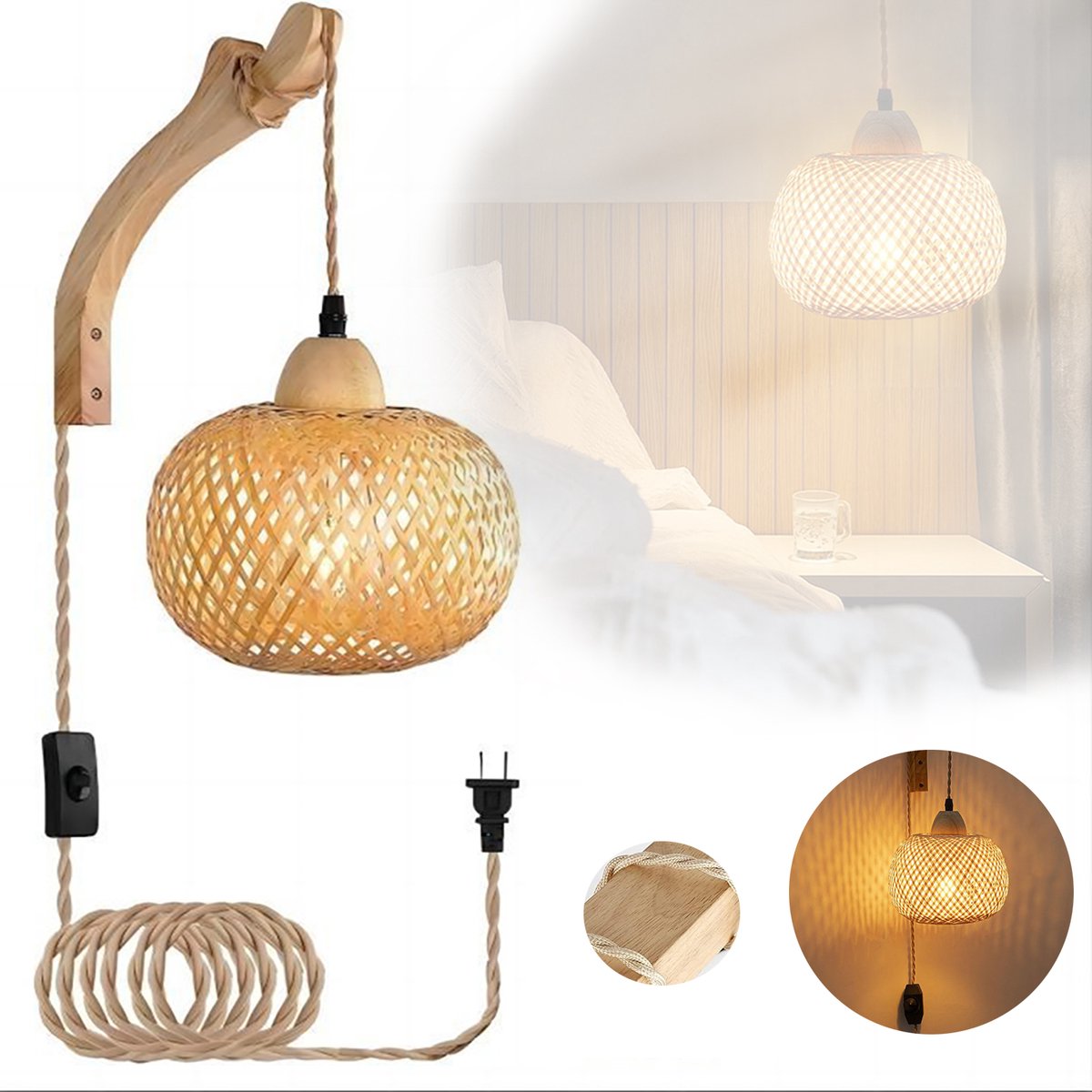 Wandlamp, Vintage Houten Wandlamp, Handgeweven Hanglamp, Wandlamp Met Kooiconstructie.