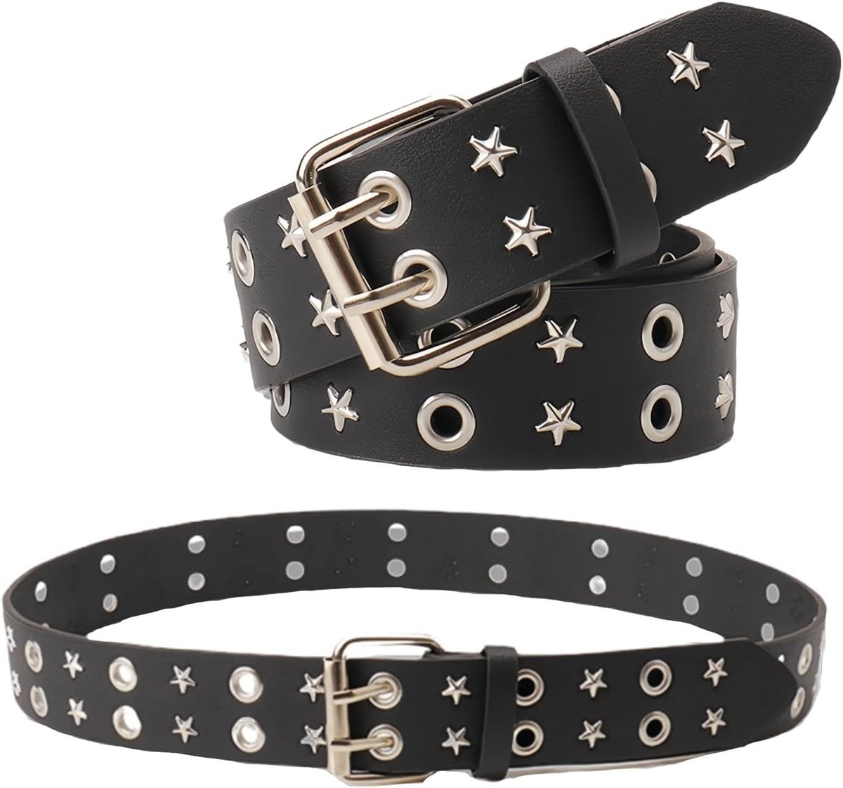 Punk Rock riem met sterren en dubbel oogje, Y2K zwarte PU-leer riem voor jeans en broeken, unisex, 112 cm, trendy en stijlvol accessoire
